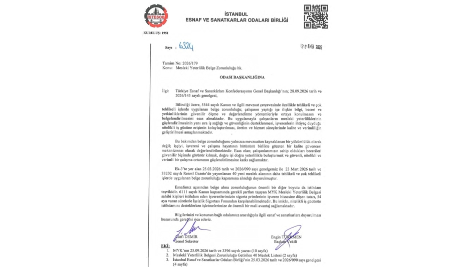 DUYURU (Mesleki Yeterlilik Belge Zorunluluğu hk.)